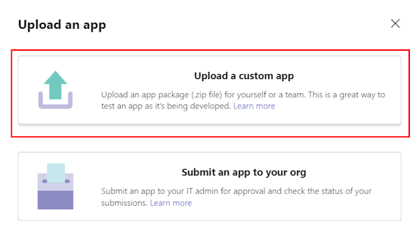 Screenshot shows the option to upload a custom app in Teams.